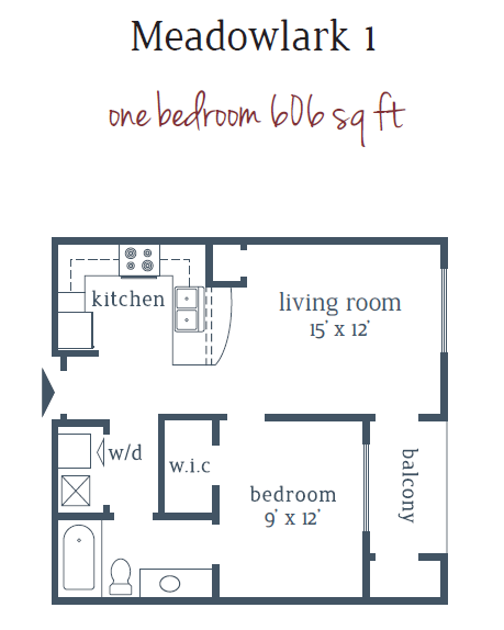 Floor plan for 1 bed, 1 bath, 606 sqft